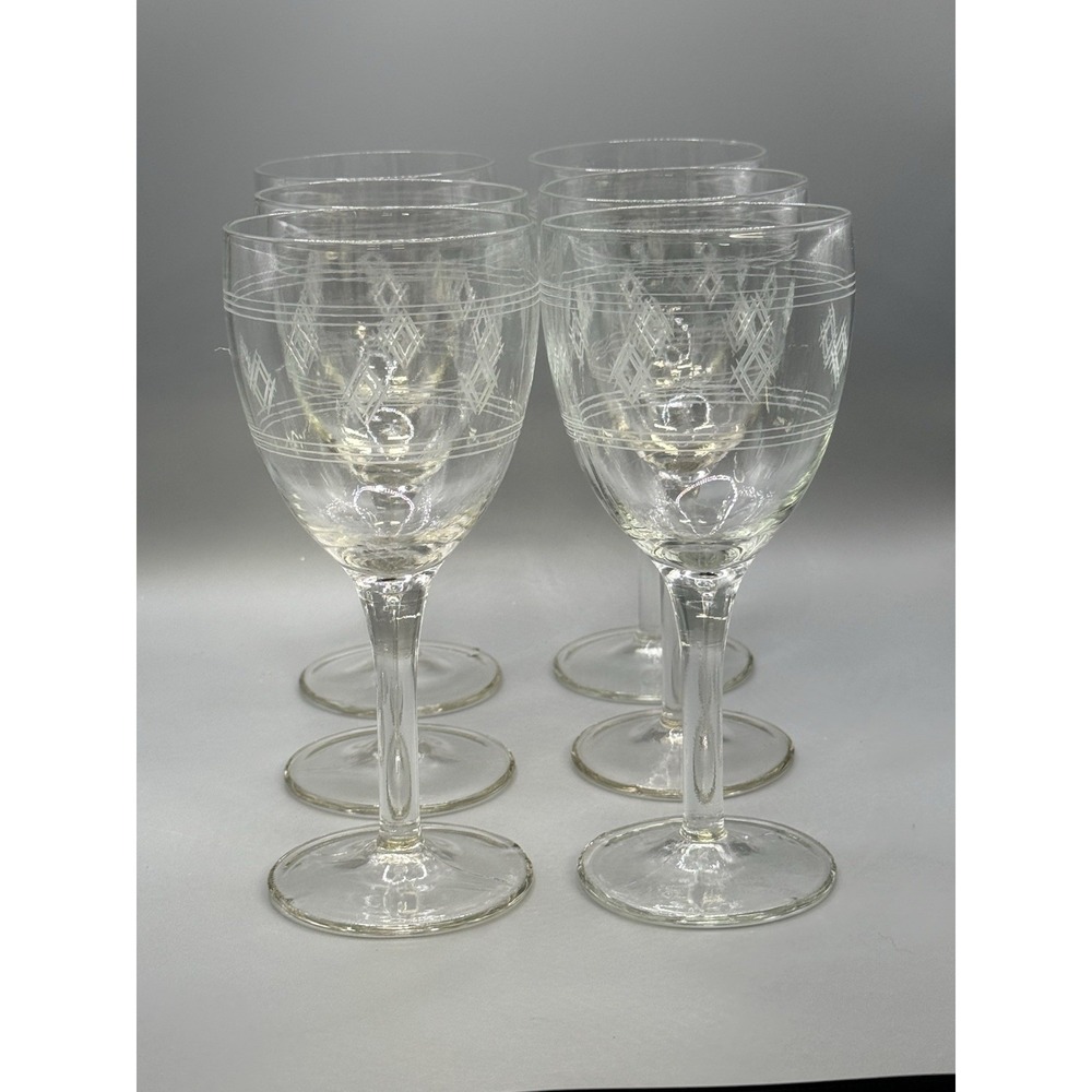 Set Of 6 Vintage Standard Glass Criss-Cross Bands 7" Wine Water Goblets